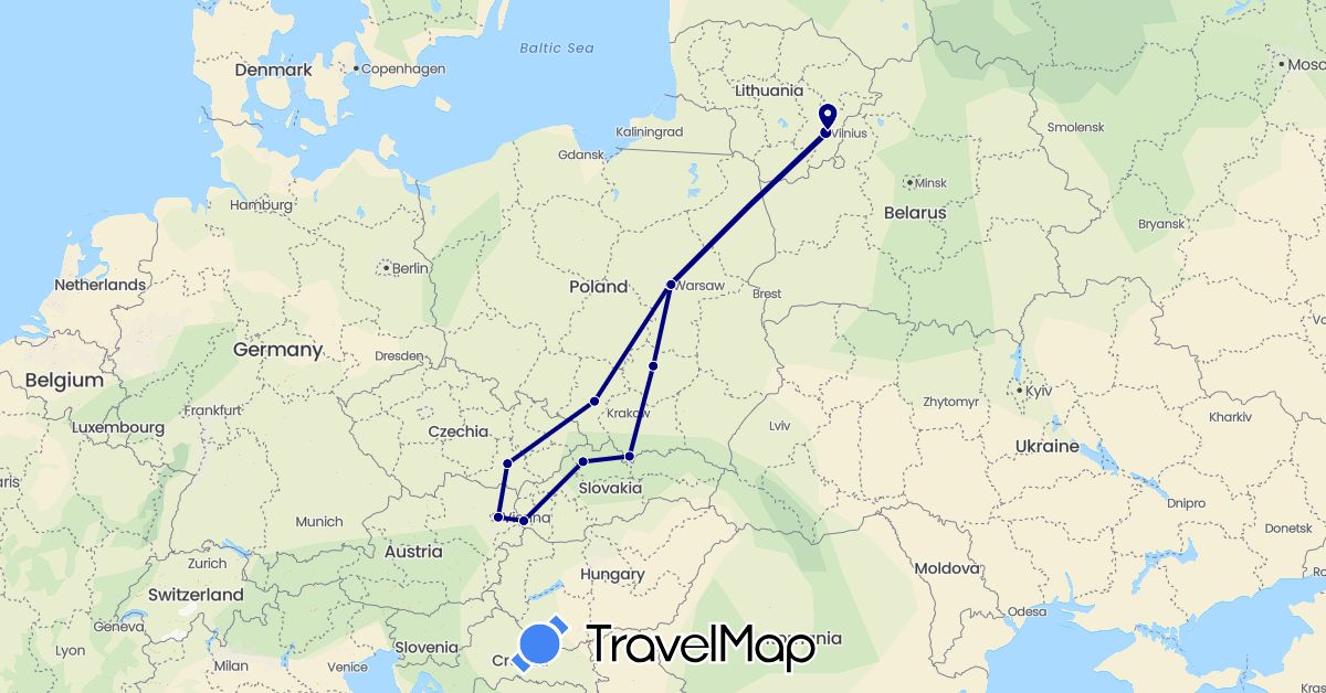 TravelMap itinerary: driving in Austria, Czech Republic, Lithuania, Poland, Slovakia (Europe)